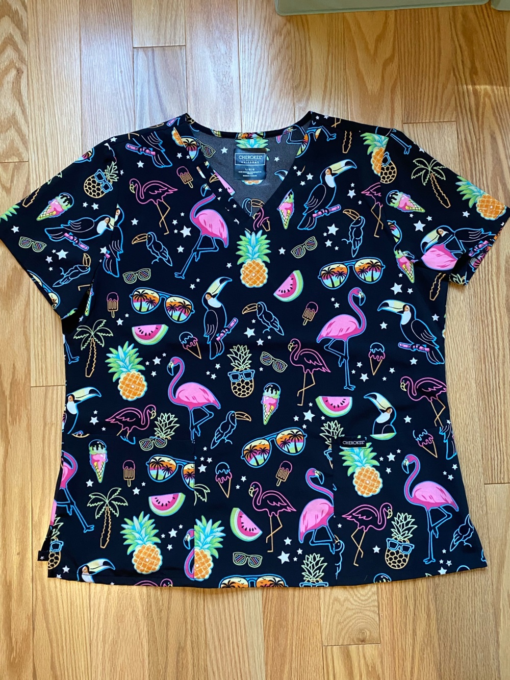 Cherokee Scrub Top Black with Neon Tropical Motif - Picture 2 of 4